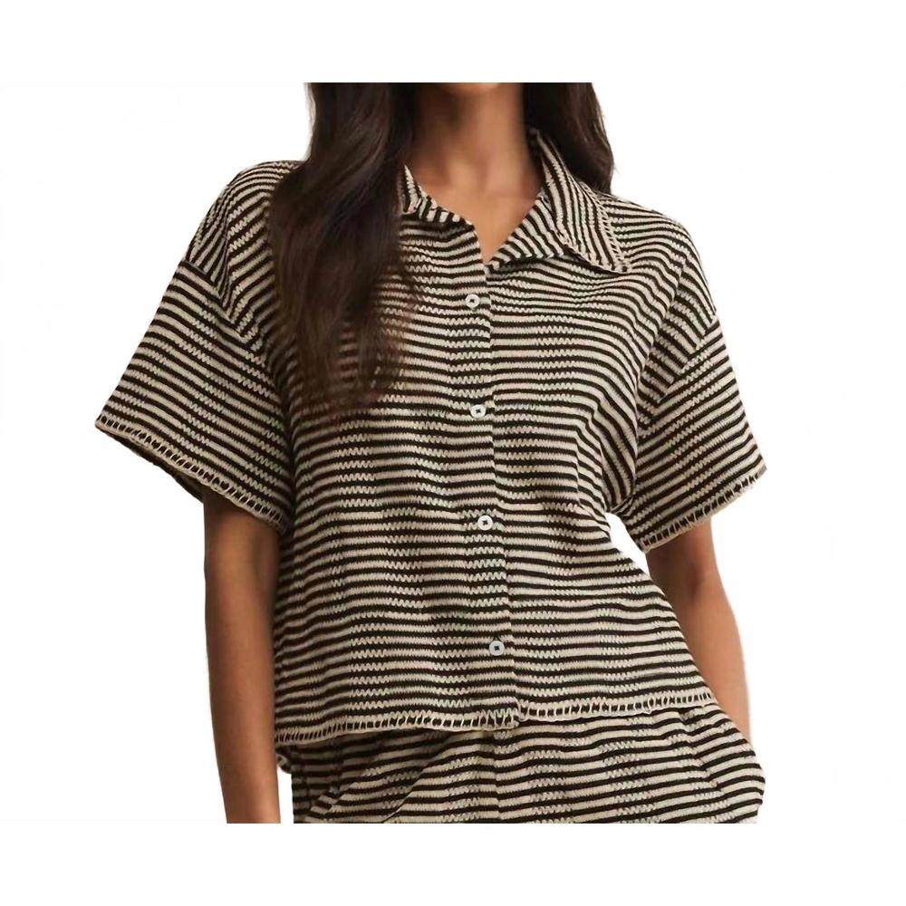 Z Supply Black and Cream Striped Short Sleeve Button Front Tee